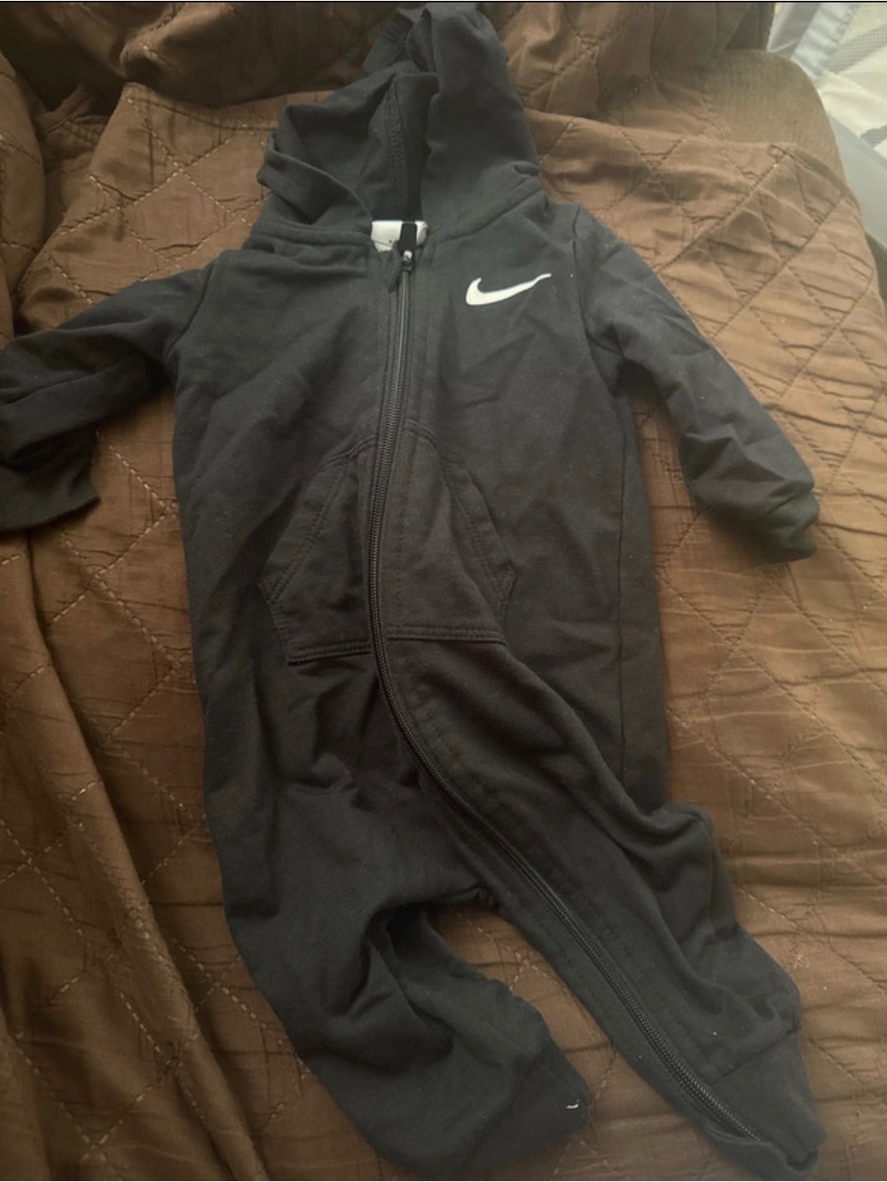 Nike Black Hooded Baby One-Piece Zip Footie with White Swoosh